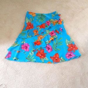 CLEARANCE EUC CHAPS Tropical Floral Ruffled Turquoise Skirt Midi L